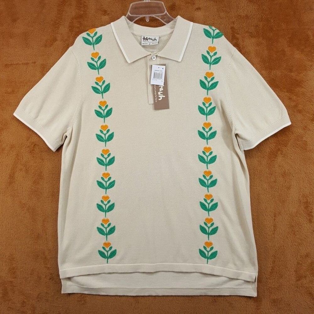 AGTAWH All Good Things Polo Shirt Mens Large Tan Floral Embroidered Retro
